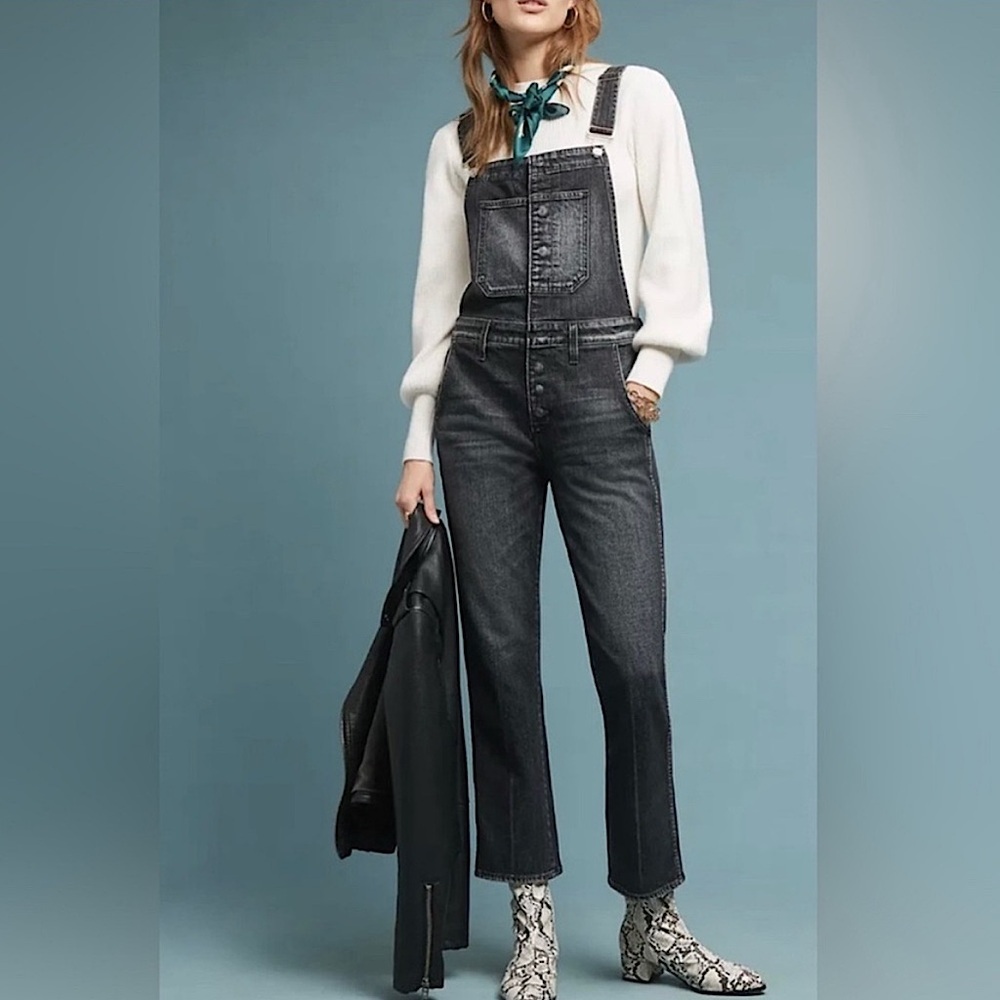 AMO Bella Button Denim Bib Button Front Overalls Raven Washed Black XS